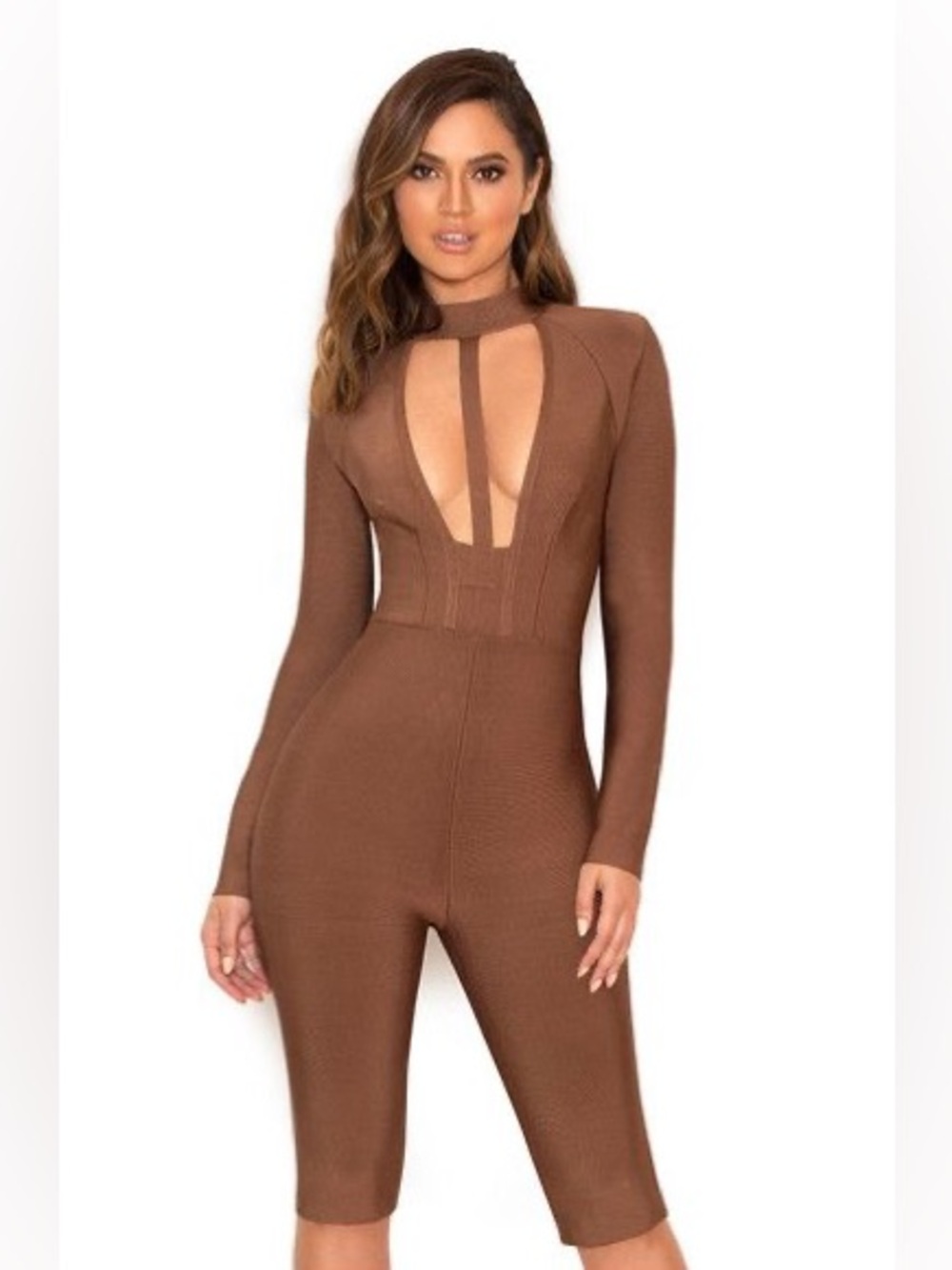HOUSE OF CB 'Comelle' Brown Bandage Knee Length Jumpsuit
- Small $249